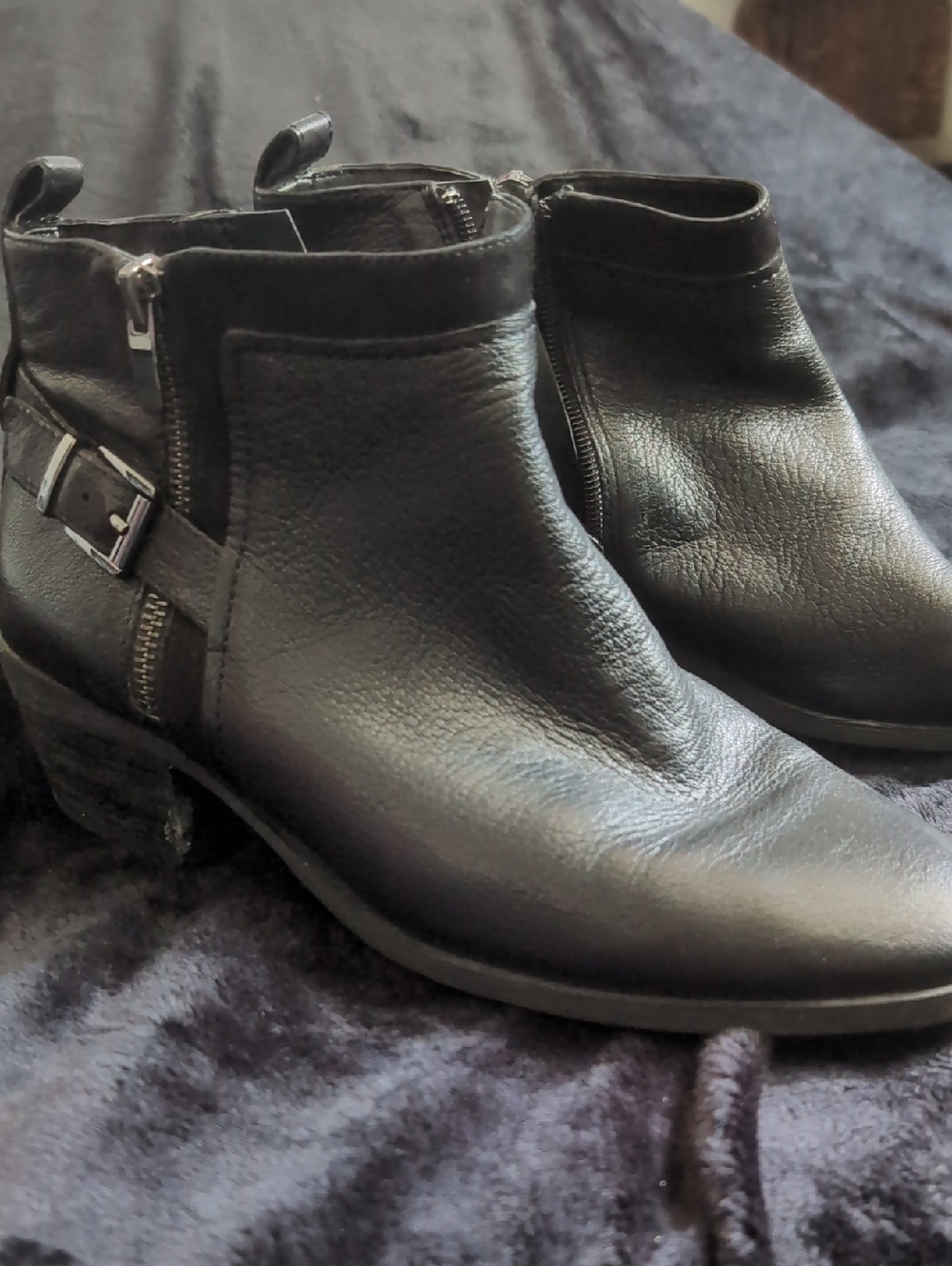 Alex Marie Black Leather Ankle Booties with Side Buckle